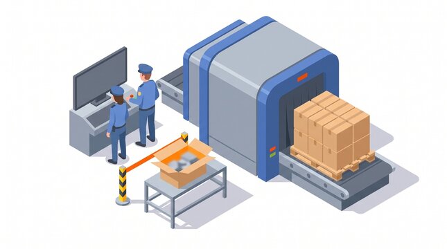 Isometric customs inspection checkpoint with an X ray scanner
