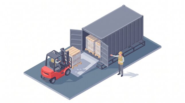 Isometric forklift loading a wrapped pallet into a container