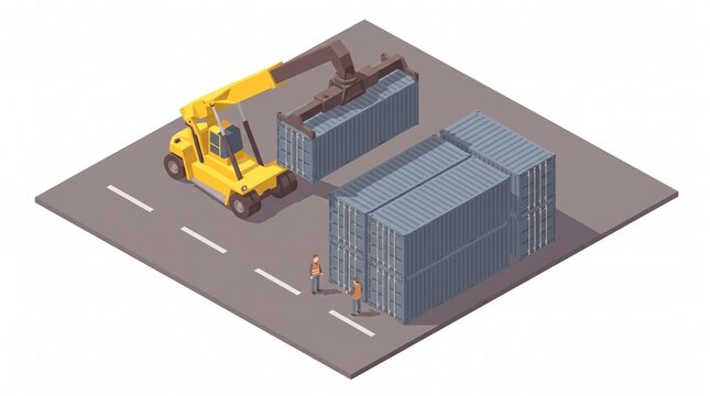 Isometric reach stacker lifting a container in a storage yard