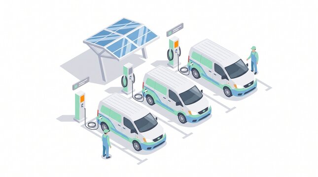 Isometric electric delivery van fleet charging at a depot