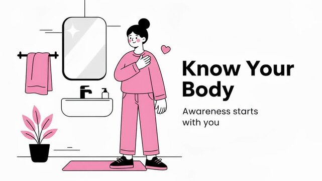 Woman performing self examination in bathroom for health awareness