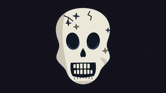 Animated spooky cartoon skull with stars and cracks on a dark background, ideal for Halloween themes.
