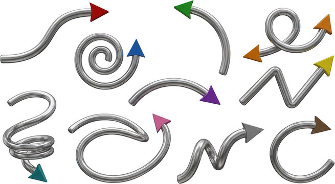 A collection of various shiny chrome metal arrows featuring multicolored pointed tips curved into different spiral twisted and winding shapes displaying a three dimensional metallic finish