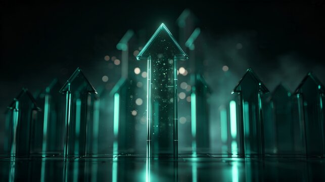 Prominent glowing green arrow rising above the crowd representing outstanding market performance and innovative corporate leadership