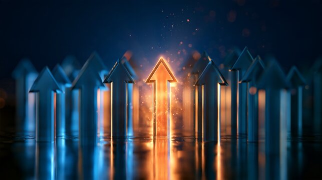 Prominent glowing orange arrow rising above the crowd illustrating outstanding market performance and innovative corporate leadership