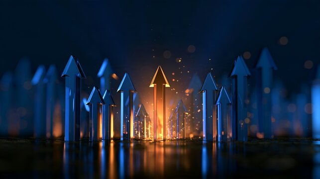Prominent glowing gold arrow rising among blue glass arrows symbolizing outstanding market performance and innovative corporate leadership strategy