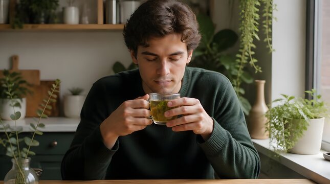 Young man relaxing holding glass of tea eyes closed enjoying serene atmosphere indoor home setting plants green liquid calm