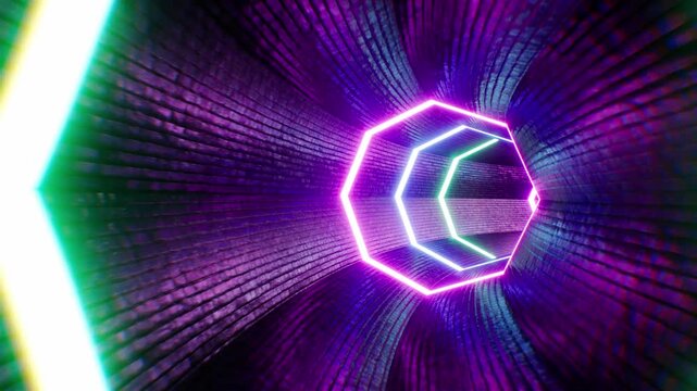 Glowing octagon neon light brick tunnel VJ Loop