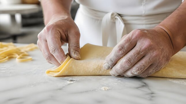 Chef folding pasta dough on marble countertop flour dusted hands realistic kitchen setting