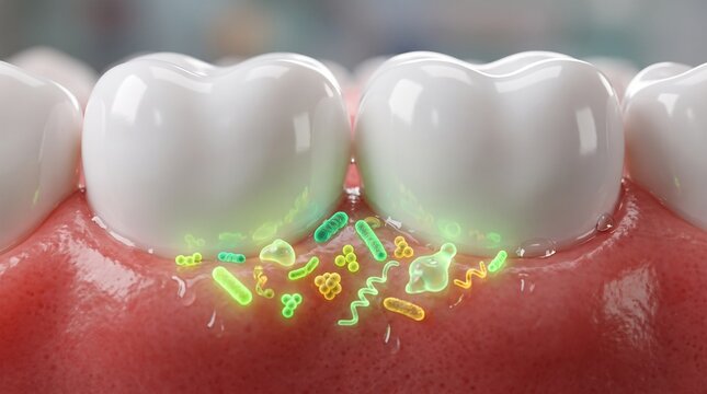 Human teeth render close up, with green glowing bacteria along gumline, forming oral plaque on enamel, in microscopic mouth interior, dental health illustration