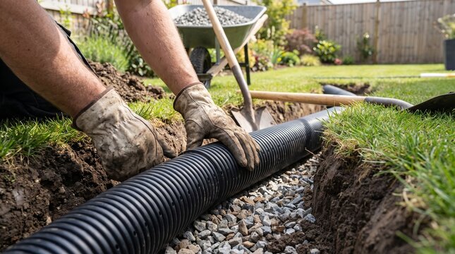 Gloved hands close up, with black corrugated drainage pipe, laying pipe in gravel trench, in outdoor garden lawn trench, landscape construction photography