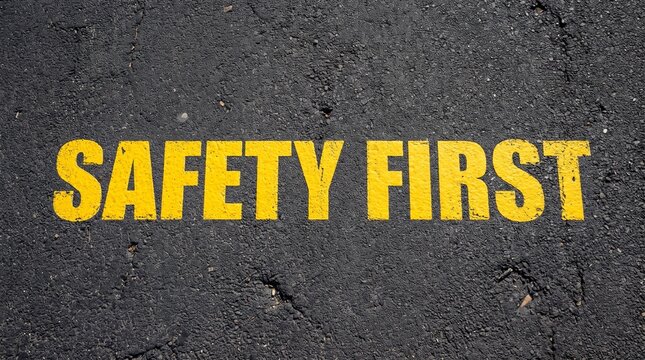 Asphalt road surface top view, with yellow painted text reading safety first, stenciled across dark pavement, outdoor street ground, conceptual stock photography