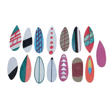 Fourteen surfboard shaped paper cutouts with diverse patterns and colors arranged in two rows on a plain , flat lay view isolated on a transparent background