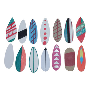 Fourteen oval shaped paper cutouts with diverse hand drawn patterns and colors arranged in two rows on a dark background, for artistic display isolated on a transparent background