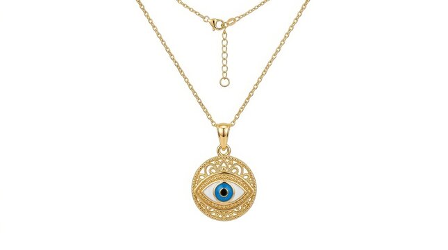 Gold evil eye pendant necklace with intricate filigree design and blue stone filigree jewelry blue gemstone protective amulet fashion accessory jewellery design spiritual charm necklace