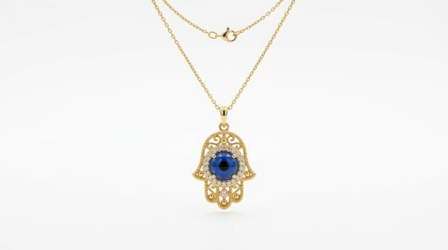 Gold hamsa hand pendant necklace featuring a central blue evil eye stone protective amulet filigree jewelry fashion accessory spiritual charm jewellery design necklace gemstone jewellery