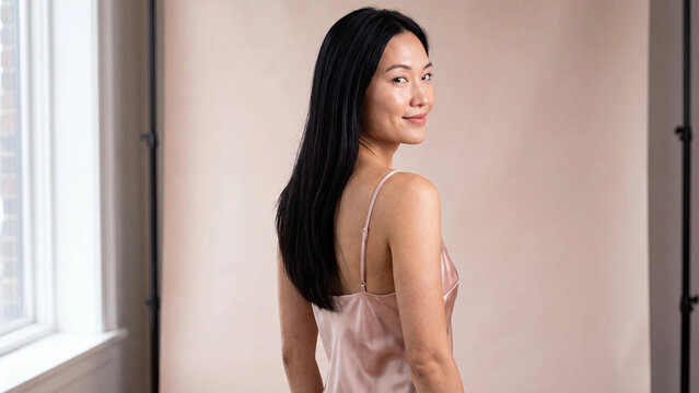 Asian woman with long straight black hair smiling over her shoulder while wearing a pink silk slip dress inside a bright studio with a neutral background.