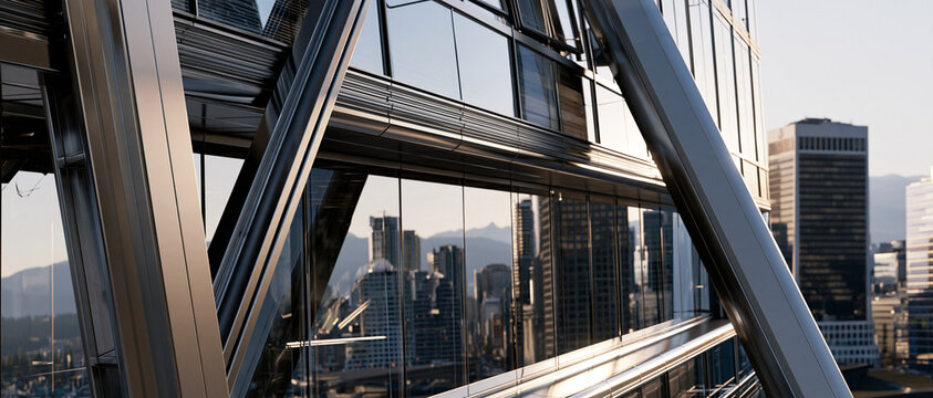 Double Exposure of Modern Glass Skyscraper Reflecting Vibrant City Skyline at Sunset