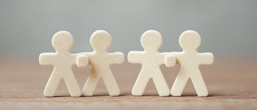 Four colorful abstract figures symbolizing togetherness and camaraderie placed on a textured wooden background