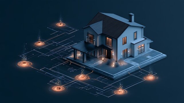 Contemporary residential property connected to a futuristic blockchain mortgage network, digital finance tokens, smart contract lending process, secure property financing concept,