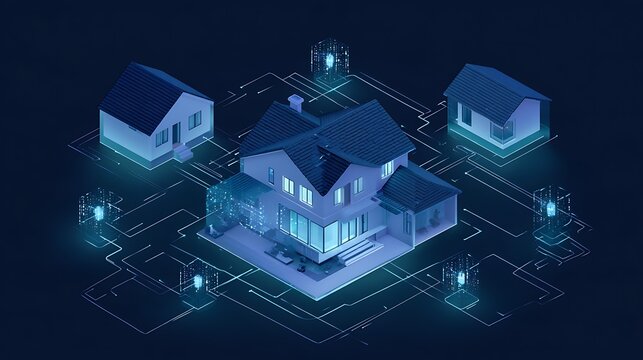 Contemporary residential property connected to a futuristic blockchain mortgage network, digital finance tokens, smart contract lending process, secure property financing concept,