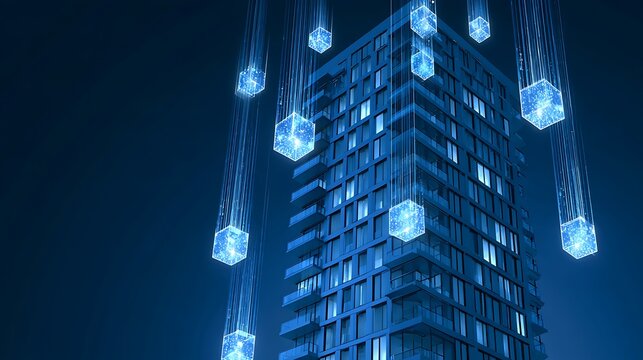 Modern apartment tower with glowing digital income streams flowing into blockchain property tokens, fractional ownership and tokenized rental revenue concept,