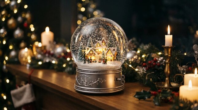 Magical Christmas snow globe with illuminated winter village on a wooden mantelpiece next to a decorated Christmas tree with bokeh lights and burning candles, Generative AI