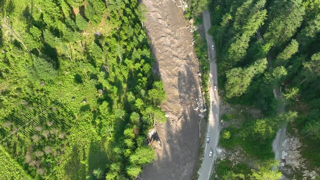 Birds Eye Drone tracking shot following a scenic mountain road through dense Deodar pine forests on the route to Kasol and Kheerganga trekking basecamps in the Himalayas.