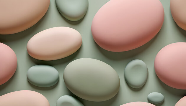 Soft inflated blob shapes floating with gentle shadows, soothing sage green, dusty rose, and warm beige, organic modern forms, ...