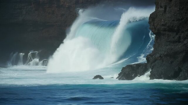 Powerful waves crashing at biscoitos natural pools