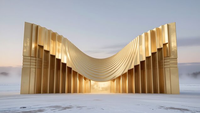A large golden abstract sculpture featuring a concave wave-like shape stands in a snow-covered field.