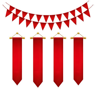 Red pennant bunting flags and vertical banner ribbons for festive decoration isolated on transparent background
