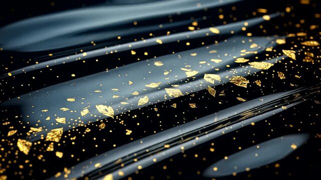 Abstract dark liquid obsidian glass with glowing gold flecks motion background