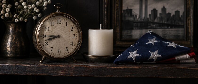 Classic clock with american flag candle and picture symbolizing patriotism and honoring the memory of september 11
