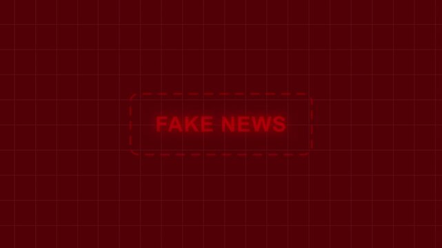 Digital fake news warning sign with pulsing red neon typography and grid background, overlay, representing misinformation, media manipulation, cyber, propaganda, and online, disinformation campaigns