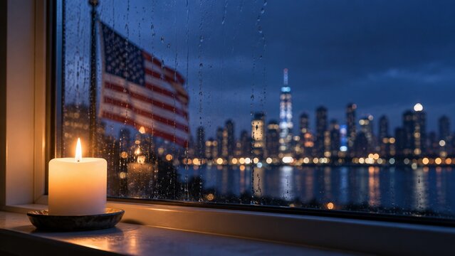 A candle placed by the window with an american flag symbolizes patriotism and remembrance during a rainy evening