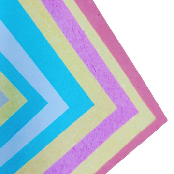Abstract geometric pattern featuring overlapping chevron shapes in vibrant shades of blue, yellow, pink, and purple on a white background isolated on a transparent background