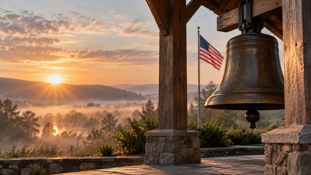 Dawn breaks over the bell pavilion adorned with the american flag representing honor and national pride
