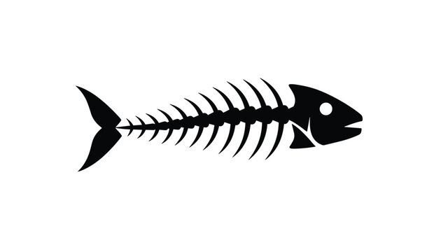 Black silhouette of fish skeleton on white background, representing seafood leftovers, waste, or danger.