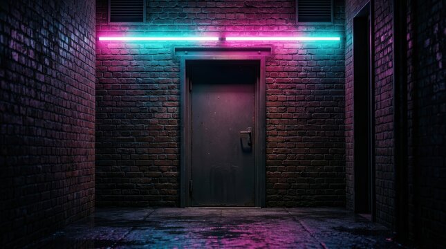 Dark urban alley scene with a back door and bright neon lighting on a brick wall.