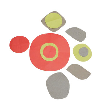 Assorted circular and irregular paper and cardboard cutouts in yellow, red, and grey colors arranged on a white background, for projects isolated on a transparent background