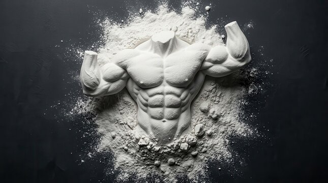 White protein powder shaped like a muscular male body on a dark background