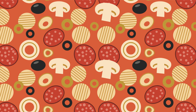 Seamless vector background pattern of pizza toppings including pepperoni mushrooms black olives and green peppers.