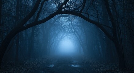 Obraz premium Forest path in dark mysterious fog with glowing light between the misty trees