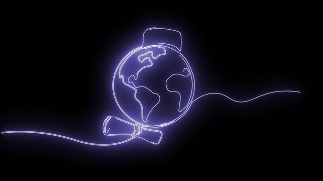 Glowing blue neon line art animation of planet Earth with a graduation cap and diploma