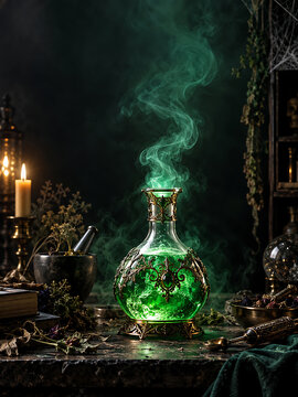 Green magical potion bottle glowing in a dark witch laboratory