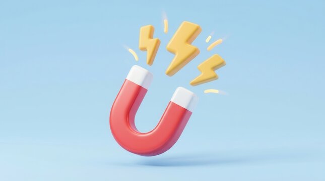 3D illustration of a red magnet and yellow lightning bolts on a blue background