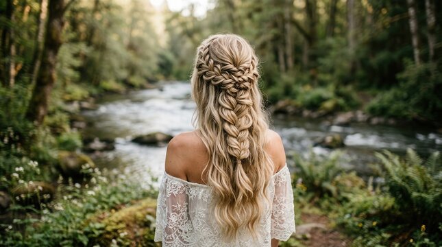 Blond hair featuring a detailed braiding hairstyle for a bohemian bridal look in nature.