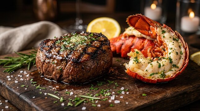 Luxury dining surf and turf with steak fillet mignon and lobster tail on wood.