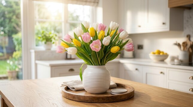 Fresh spring tulips in a white vase on a kitchen table with bright backlighting.